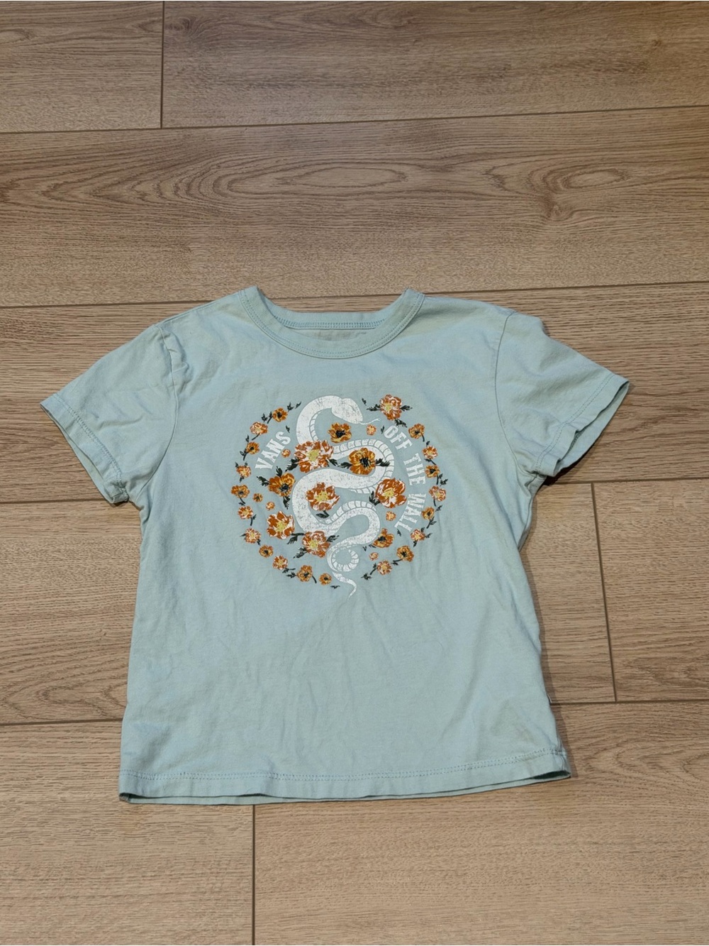 Vans Light Blue Tee with White Snake and Orange Floral Graphic